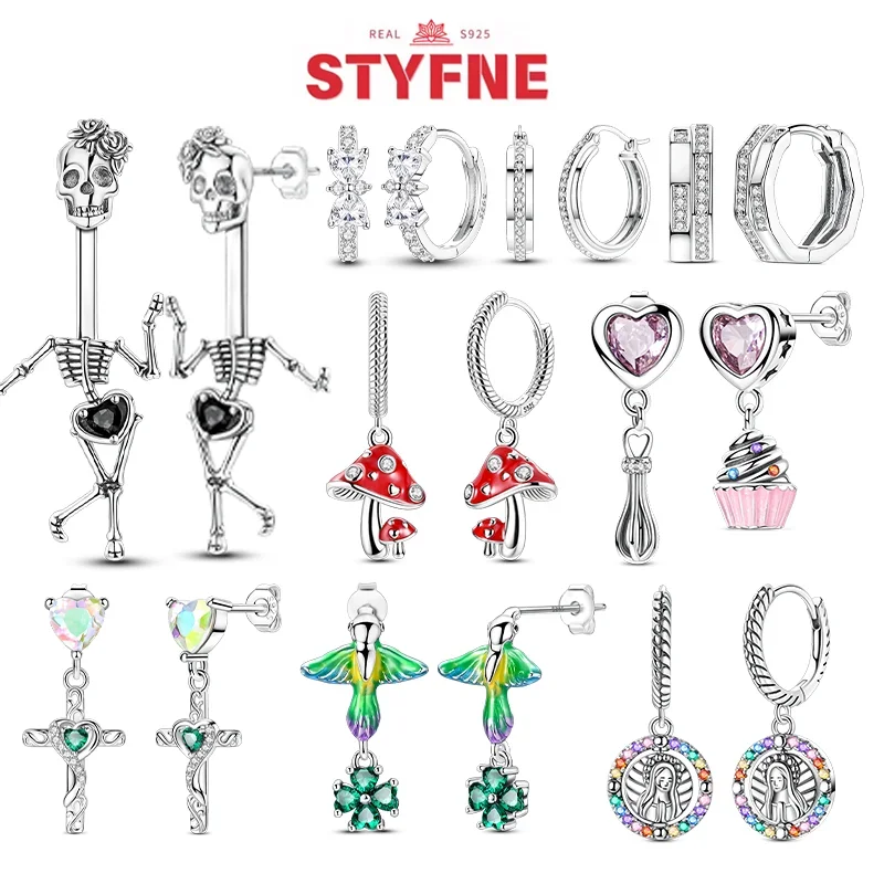 

New 925 Silver Colorful Zirconium Insect Sweet Heart Earring Green Clover Virgin Mary Hoop Earrings for Women Girl Fine Jewelry