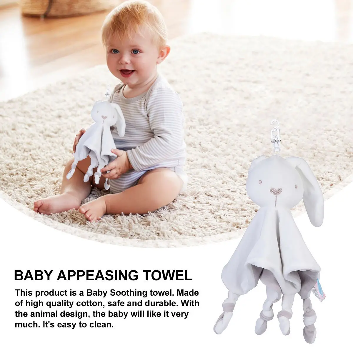 1개 아기 진정 타월 토끼 무늬 부드러운 면 진정용 유아용 타월 동물 디자인 안전 내구성 쉬운 세척 피부 친화적