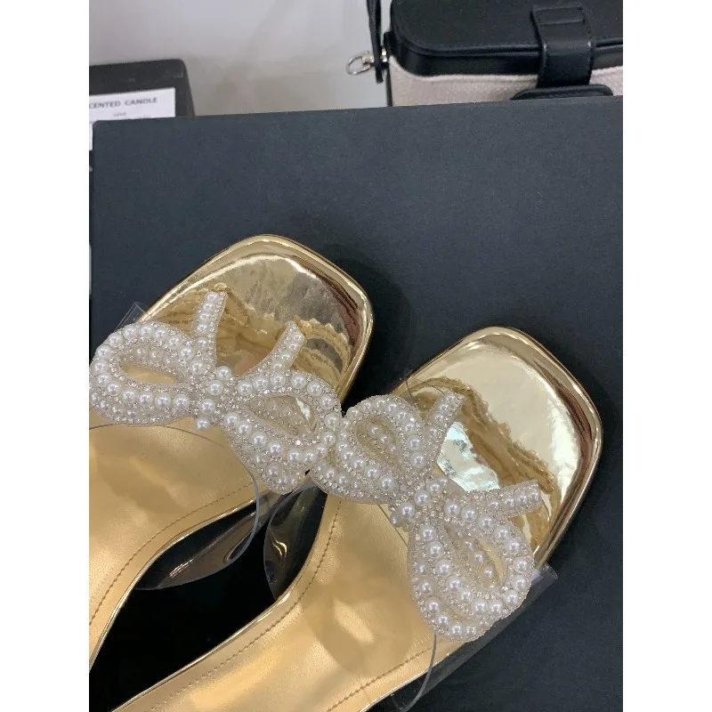 New Women's Crystal Chunky High-heeled Sandals Fashionable Versatile Pearl Bow Sexy High-heeled Sandals Size 35-41 view 6