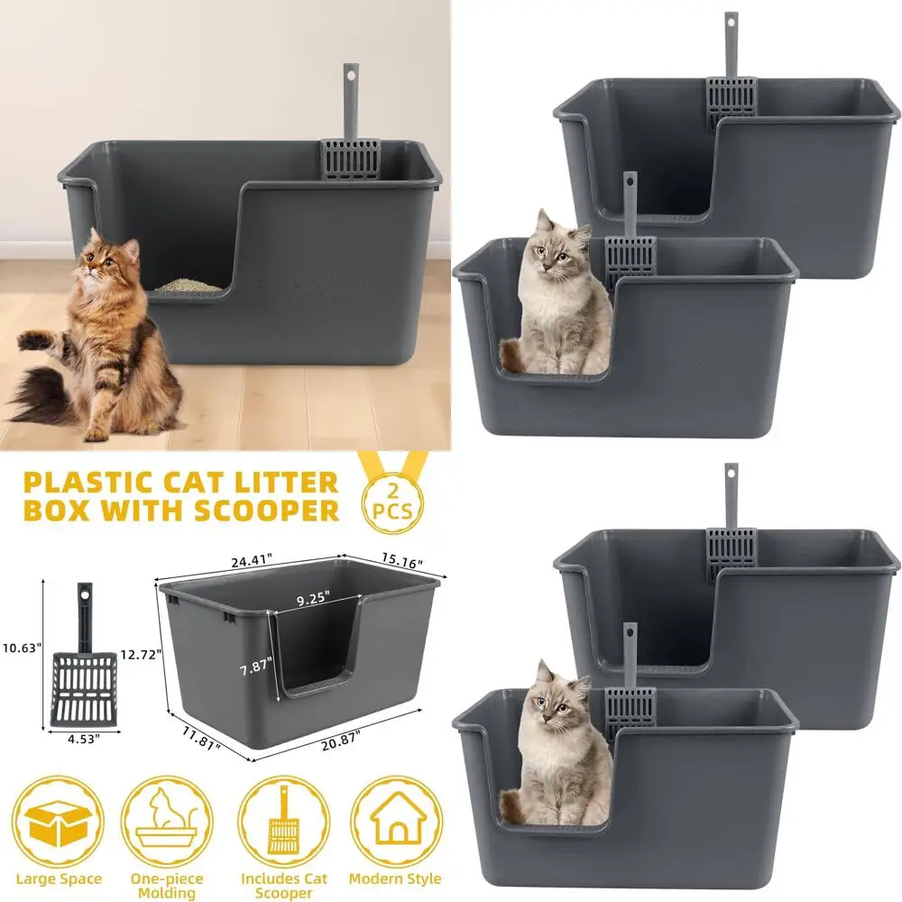 

Набор из 2 очень больших пластиковых лотков для кошачьего туалета с совком, высокие серые лотки для животных