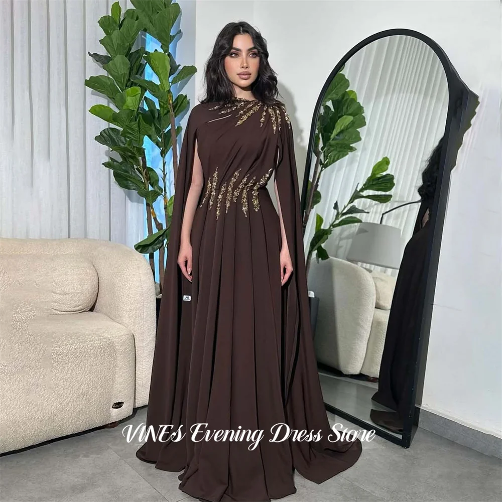 

VINES Dark Brown Chiffon Party Dress O Neck Evening Dress Beach Formal Gown with Beaded Crystal Prom Gown for Women Customized
