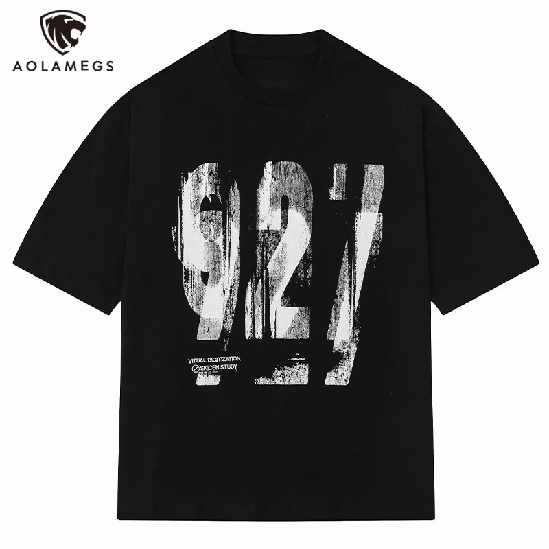 

Aolamegs Men T-Shirt Letter Shadow Graphic Print Tees High Street American Loose Cotton Tops Washed Casual Short Sleeve T