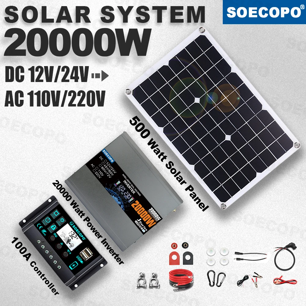 

SOECOPO20000W Peak Solar System Kit 500W Panel 100A Controller 12V24V 110V220V Inverter Generator for Camp Home charger off grid
