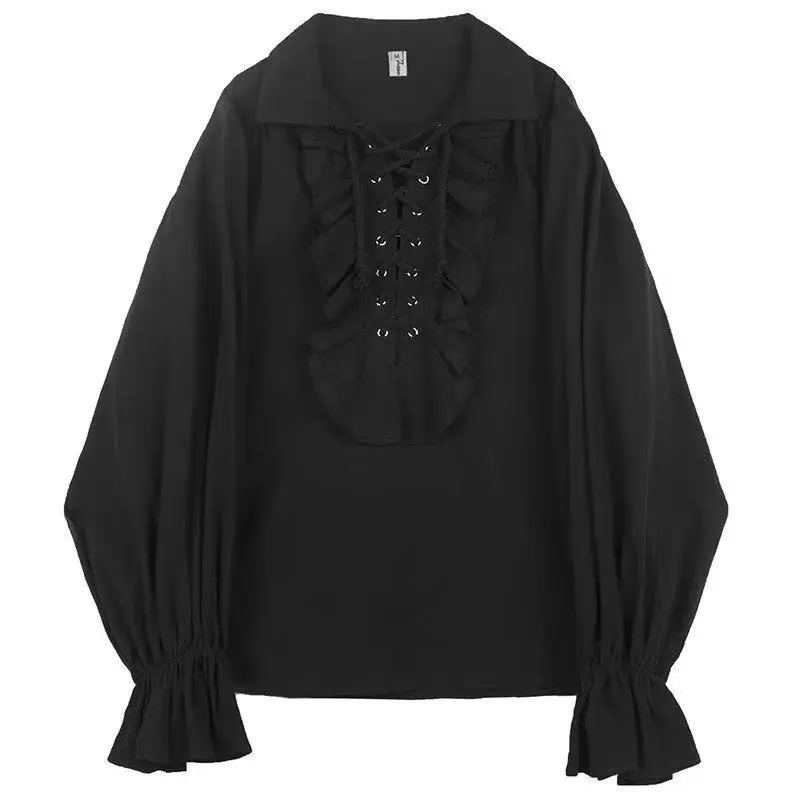 Halloween Costumes Men Medieval Court Style Long Sleeve Shirt Drawstring Fashion Casual Elegant Vampire Cosplay Tops Black White