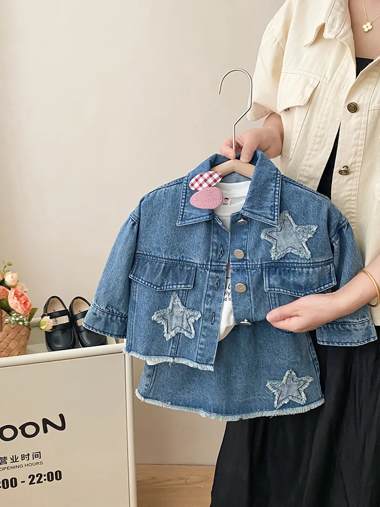 Children Suits Kids Girls Casual 2 Pieces Sets Long Sleeve Denim Jacket Top+Skirt Outfits Active Autumn Girls JK Clothes Sets