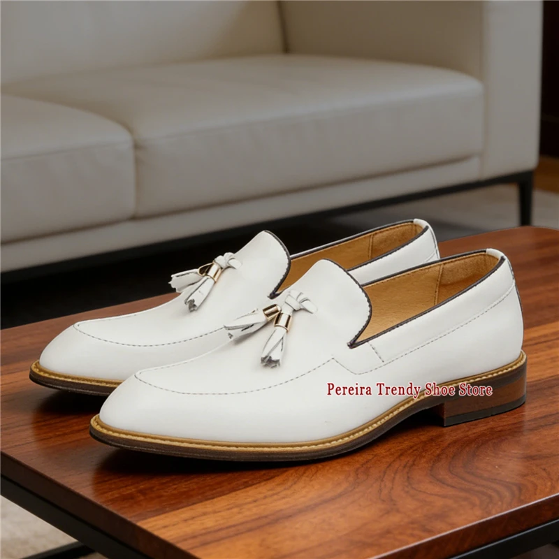 White Cowhide Men's Wedding Shoes British Style Tassel Thick Soled Loafers Trendy Comfortable Handmade Business Dress Shoes