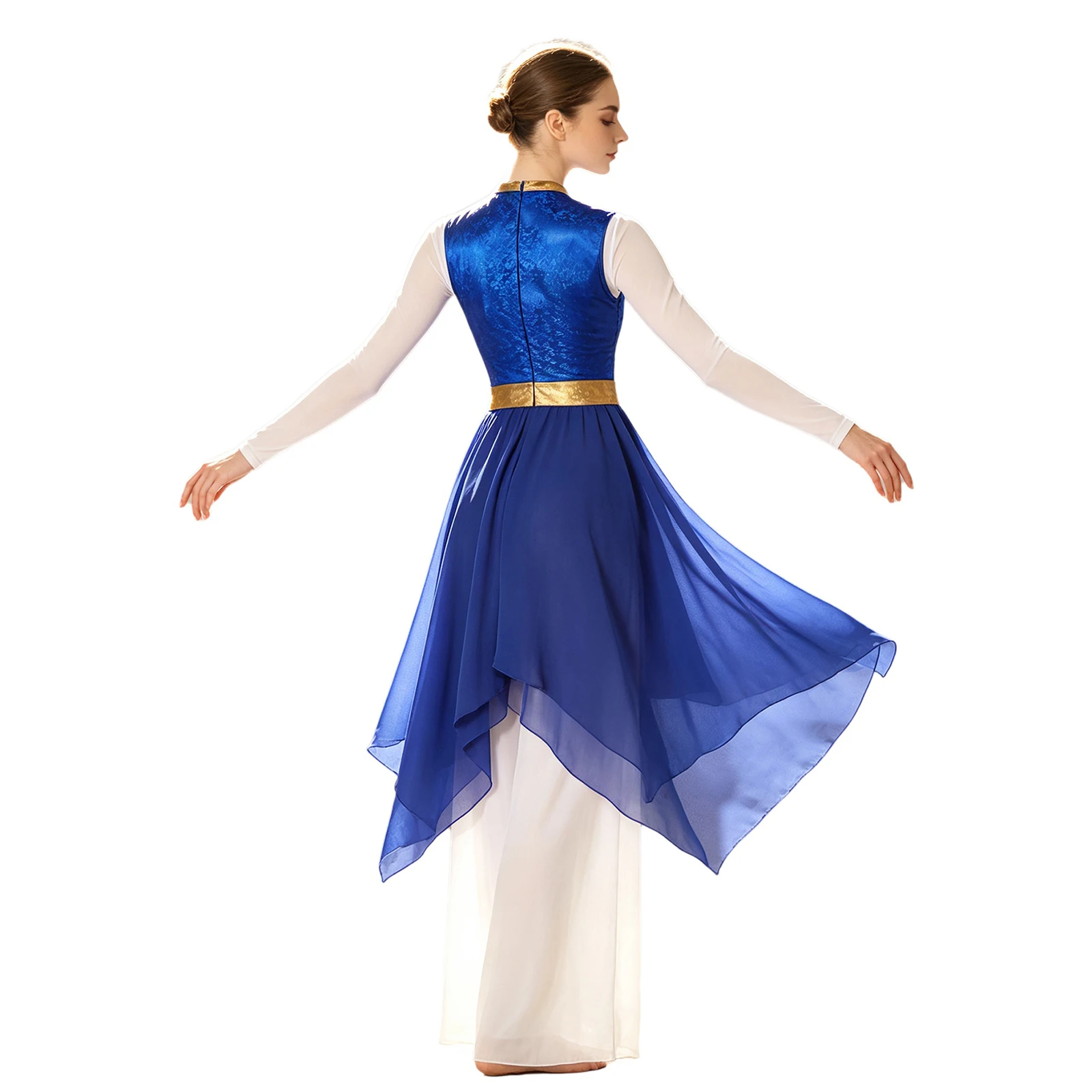 Damen-Lyrik-Tanzkleid, Kostüm für Gottesdienste und Lobgesänge, mit Metallic-Print, aufgesetztem Oberteil, Schlüssellochausschnitt vorne, ärmellos, unregelmäßiger Saum, Tunika-Kleid. – Detail 22