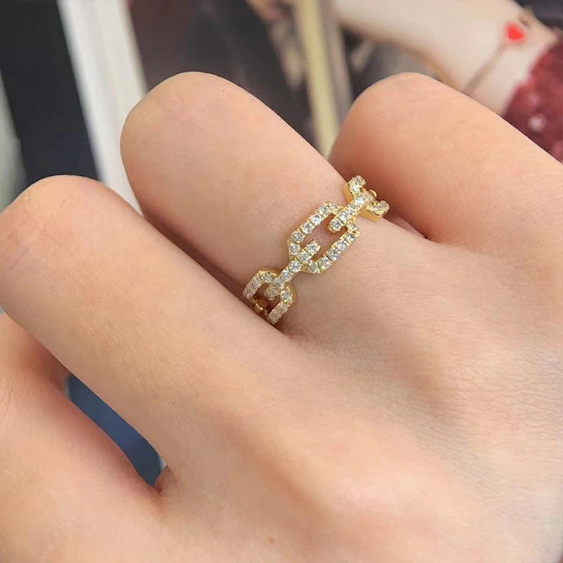 Huitan Fashion Linked Design Gold Color Rings Full Paved Cubic Zirconia Bling Bling Women Accessories Hot Trendy Rings Jewelry