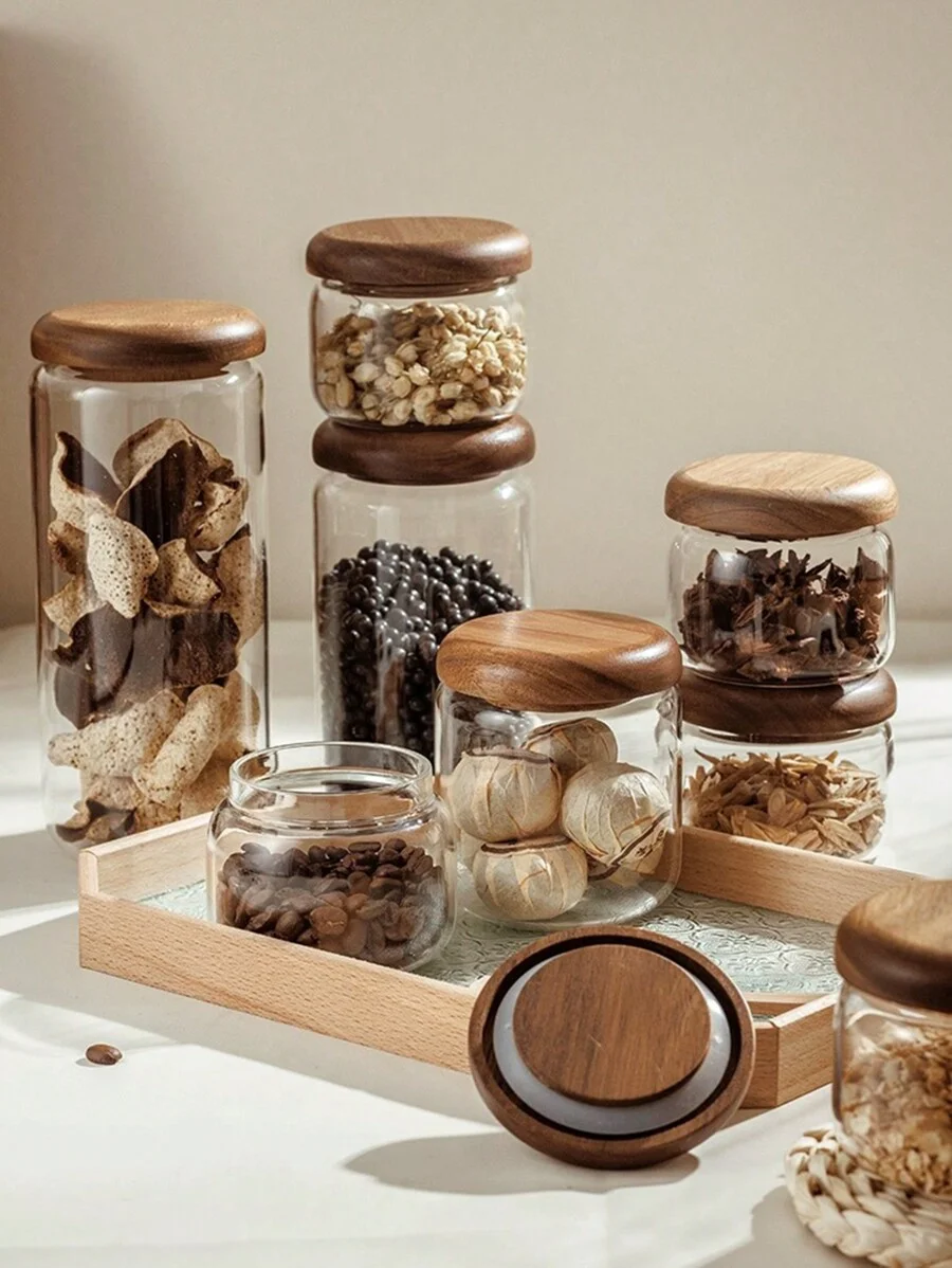 1pc Glass Jar With Wooden Lid, Sealed With Stopper, Round Ball Knob, Transparent Storage Jar, Suitable For Storing Spices, Salt,