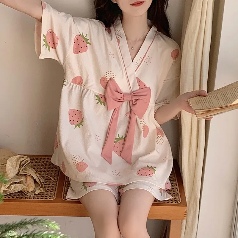 Summer V-neck Pajama Sets Women Sweet Strawberry Kawaii Tender Bow Design Sleepwear Japanese Style Breathable Lounge All-match