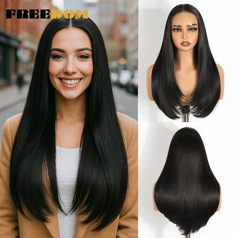 

FREEDOM Straight Synthetic Lace Front Wigs For Women 9x6 Pre Plucked Layerd Wig 24" Ombre Brown Wear And Go Glueless Lace Wigs