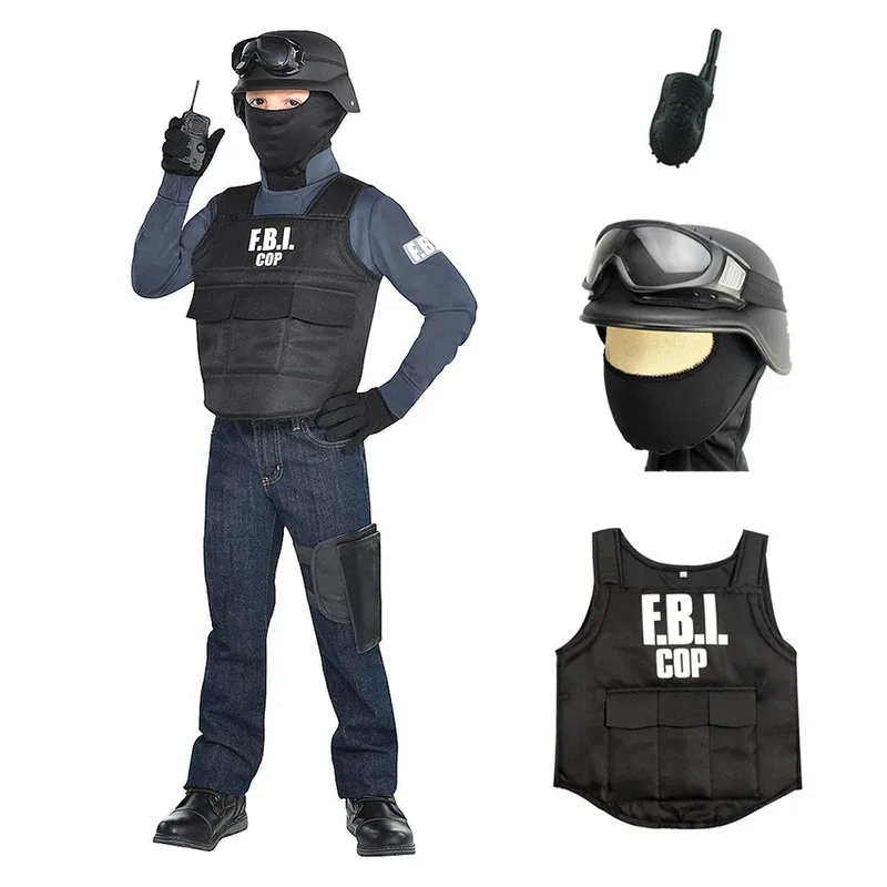 Uniforme de agente especial del FBI, chaleco antibalas, trajes de policía, disfraz de Halloween elegante para niños, tocado de Carnaval, casco, accesorio