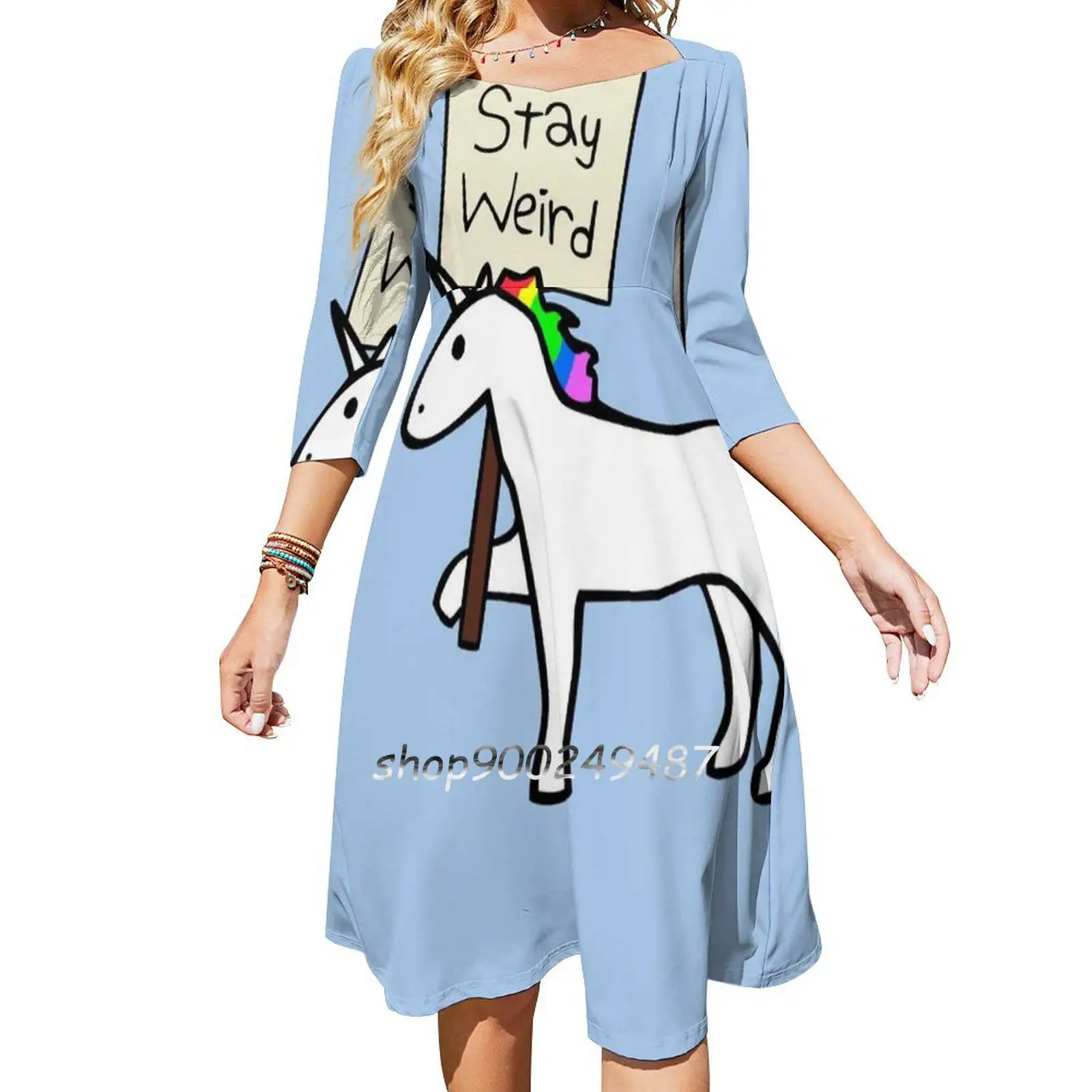 Stay Weird , Unicorn Sweet Elegant Dress Women Korean Kawaii Square Collar Dress Unicorn Unicorns Weird Strange Sign Placard