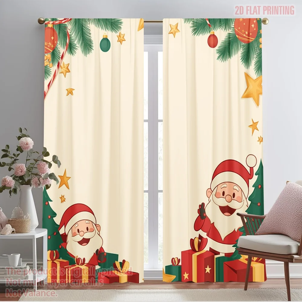 2pcs,2D plane printing Curtains&Window Treatment Christmas Ornaments Gifts Santa Polyester (without rod) Decorations For Home
