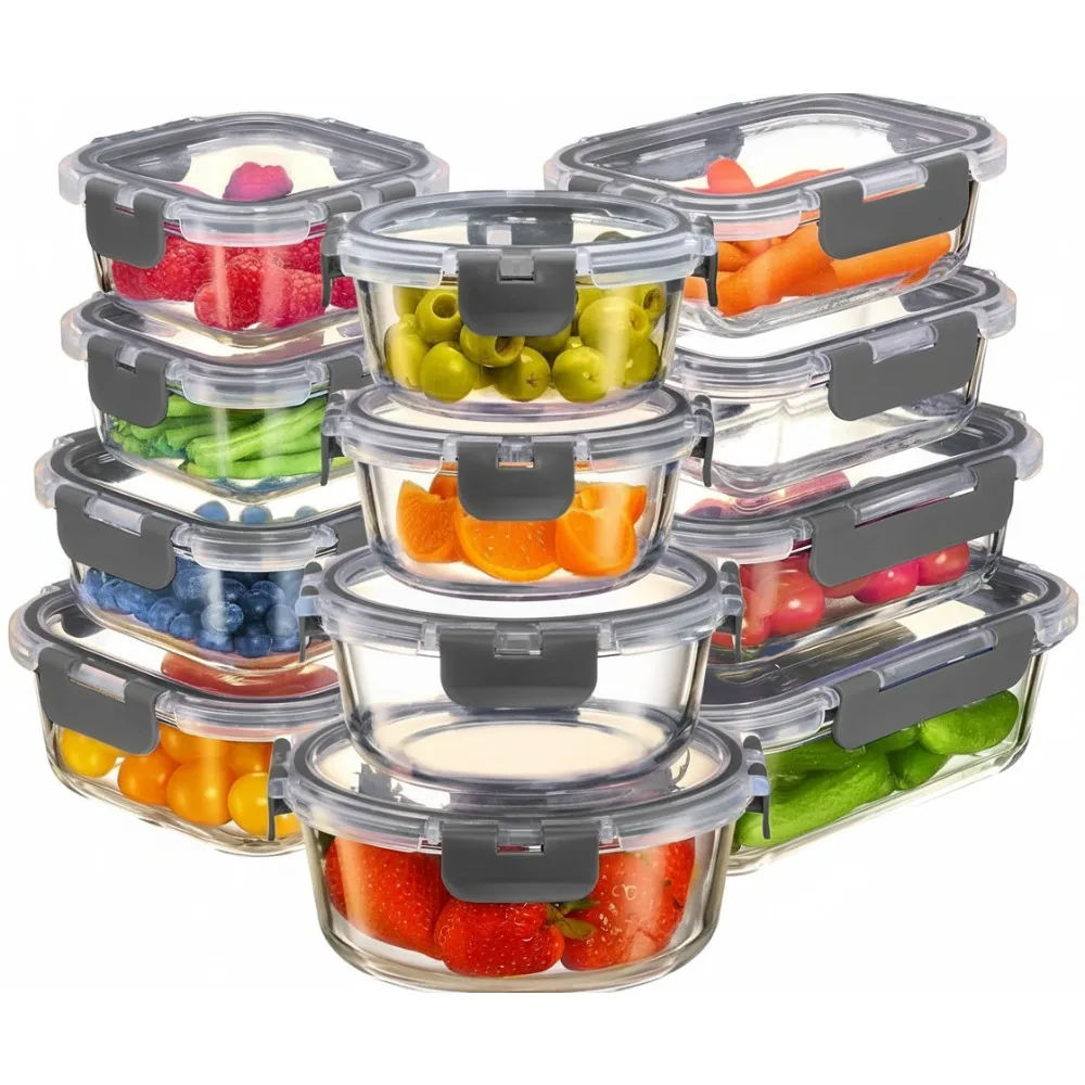 

Контейнеры для приготовления еды из боросиликатного стекла, 24 предмета — герметичные, безопасные для духовки/микроволновой печи, для хранения продуктов без BPA