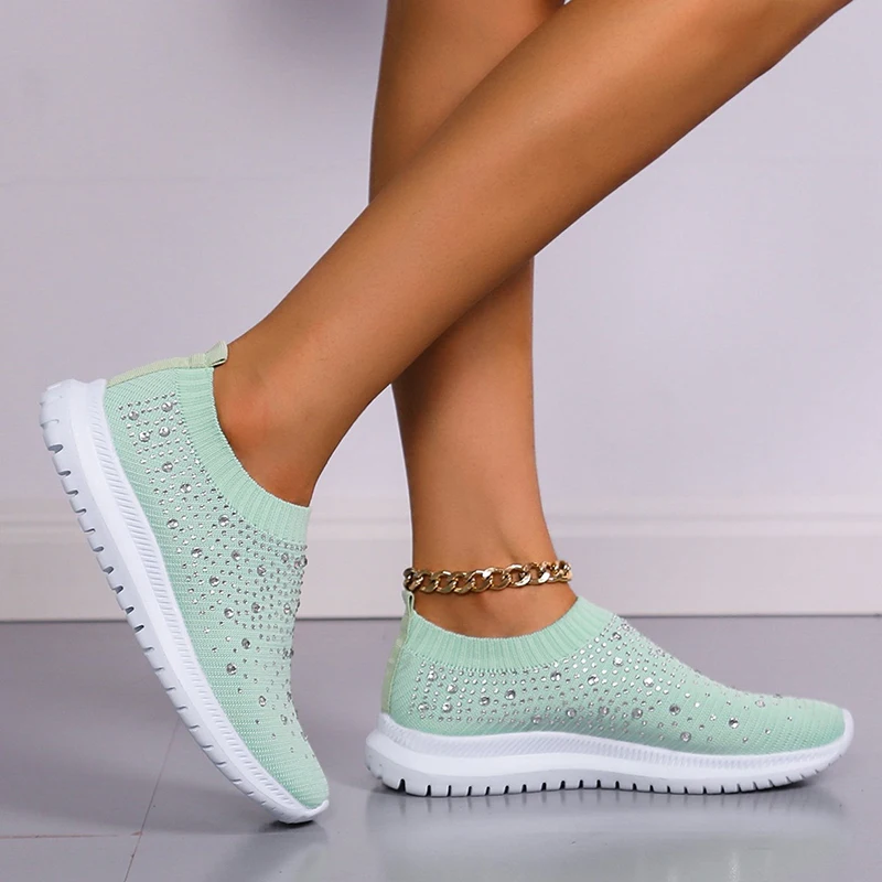 Breathable Mesh Crystal Sneaker Shoes for Women 2022 Summer Knitted Platform Sneakers Woman Plus Size Comfortable Soft Flats