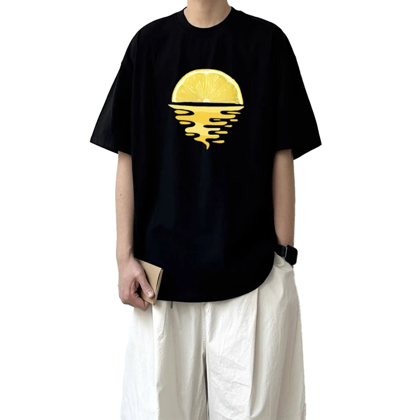 

2025 Summer Sunset Lemon Printed Graphic Oversized t-shirt Casual Men Women 100% Cotton short sleeve t-shirts Fashion Unisex Top