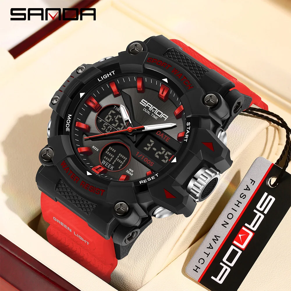 SANDA 2024 Fashionable Men's Cool Night Light Dual Screen Multi functional Sports Waterproof Men's Electronic Watch 6225