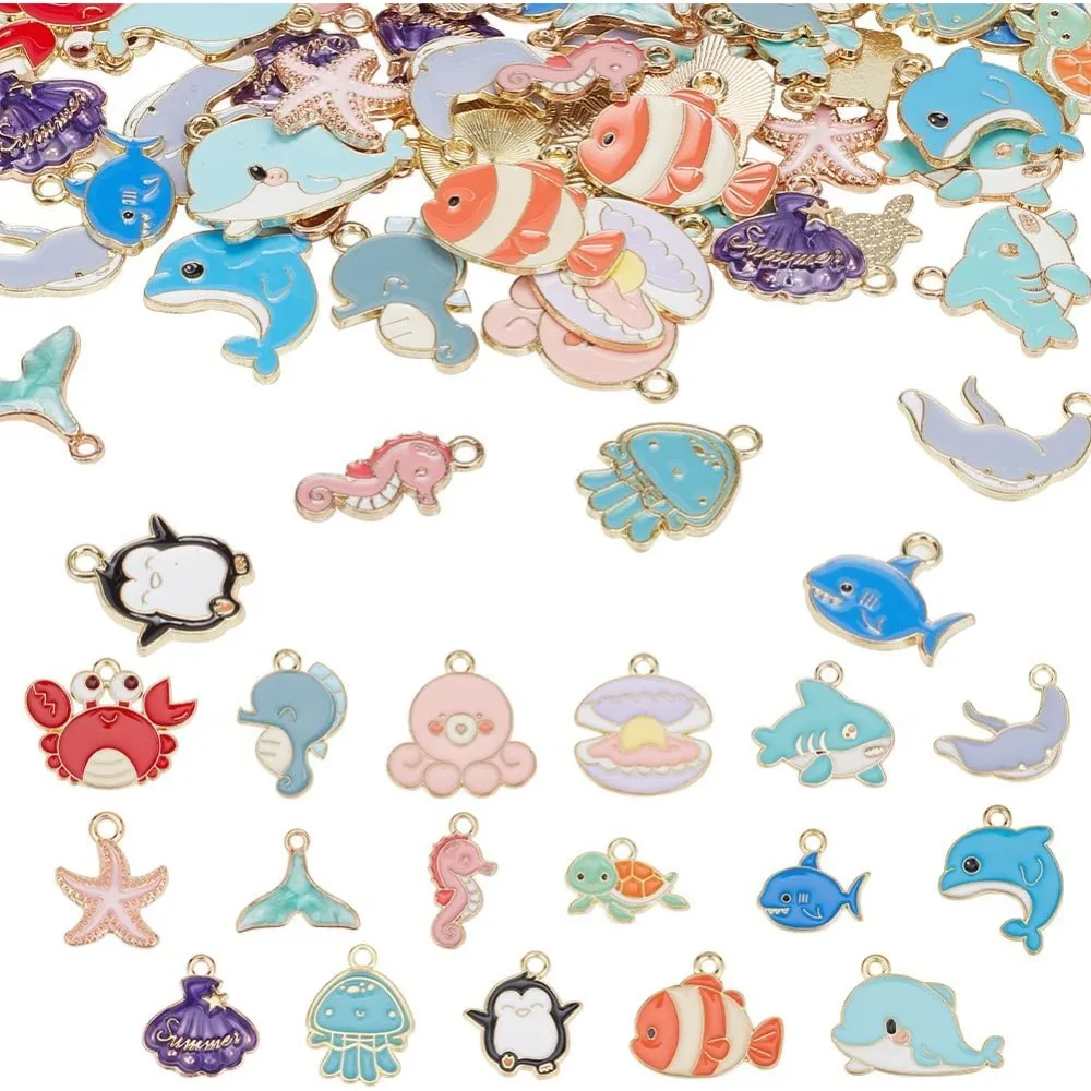 

58 Pcs Alloy Enamel Penadnt 17 Styles Crab Fish Seashell Seahorse Shaped Ocean Theme Charms Colorful Sea Life Pendants for DIY