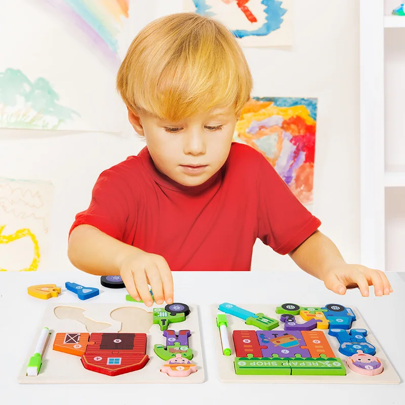 Houten puzzeltekentafel, puzzelspeelgoed voor kleuters, oefenpen controlevermogen, bevorderen de hersenenontwikkeling