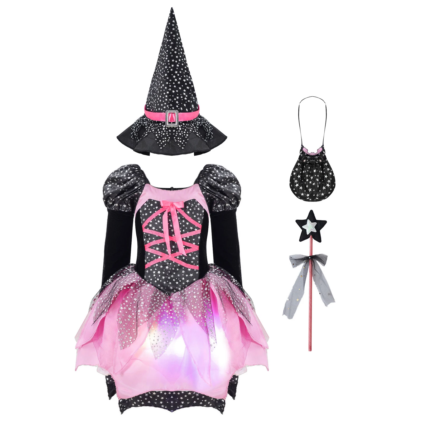 Kids Girls Light Up Witch Costume Halloween Cosplay Glittery Mesh Party Tutu Dress LED Suit Princess Magic Festival Dress Up