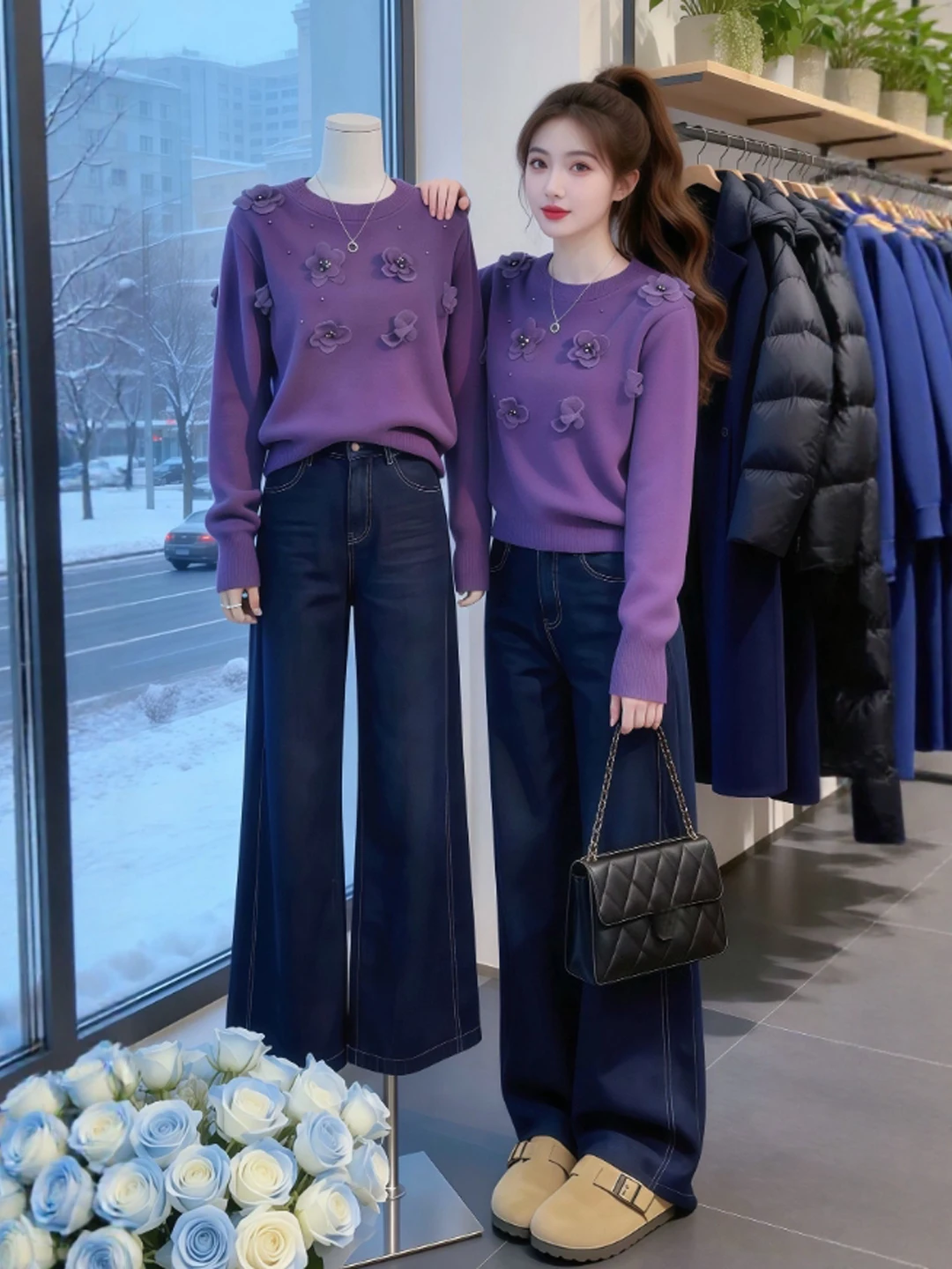 

Уникальный фиолетовый вязаный свитер с цветочным узором, мягкий, с круглым вырезом, модный, с уникальным дизайном, для весеннего женского гардероба, для прогулок по городу