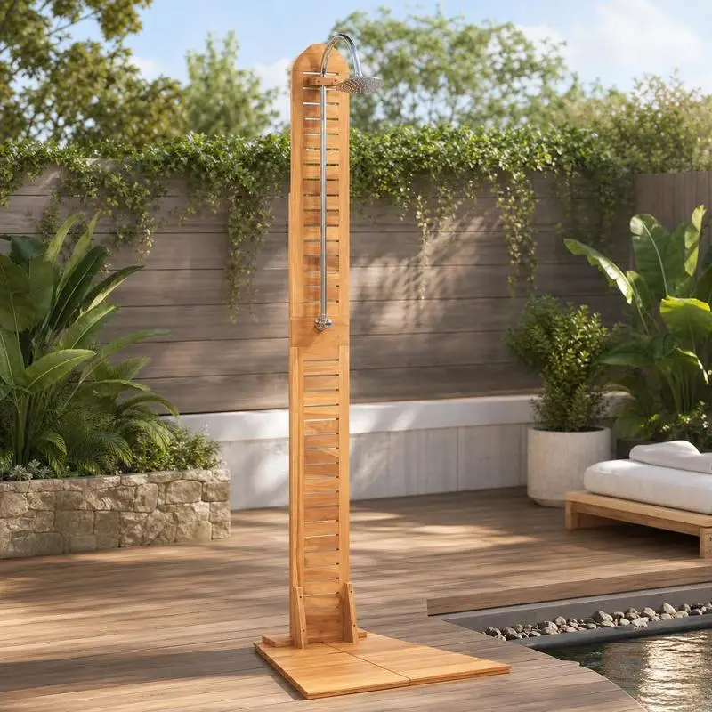 Station de douche extérieure avec base antidérapante et bouton rotatif, dimensions 70×75×204 cm pour jardin et piscine, surface naturelle, expédition depuis un entrepôt local