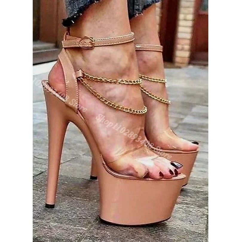 Clear PVC Chain Decor Platform Sandals Ankle Buckle Open Toe Summer British Style Women Party Sandals 2024 Zapatos Para Mujere