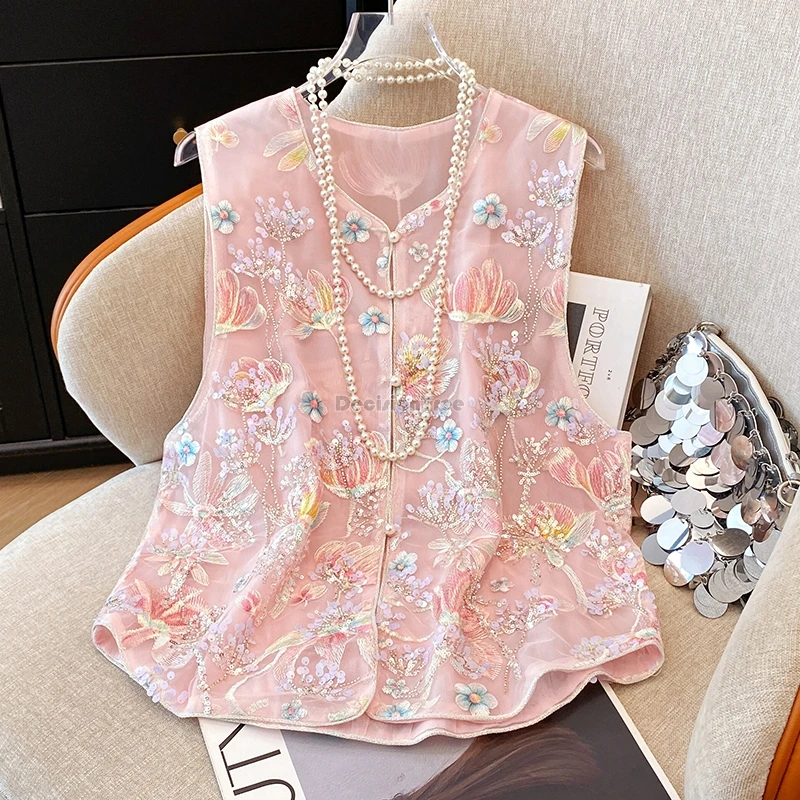 

2025 summer new chinese retro style tang suit waistcoat women's sequins and embroidery flower sleeveless elegant vest top t001