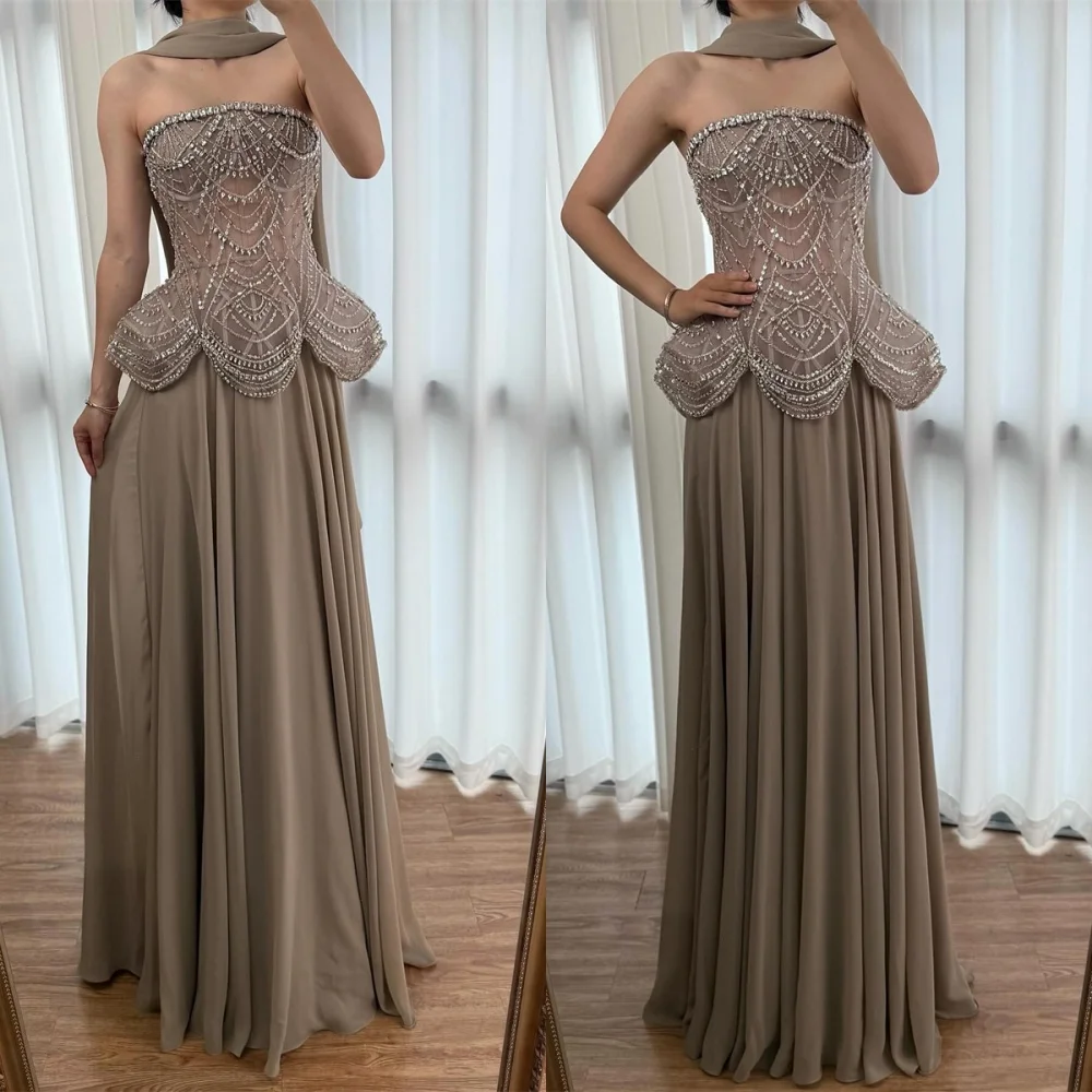 

Customized Delicate Grey Chiffon Evening Dress Temperament Strapless Sleeveless Ribbon Zipper Back Beading Crystal Prom Dress