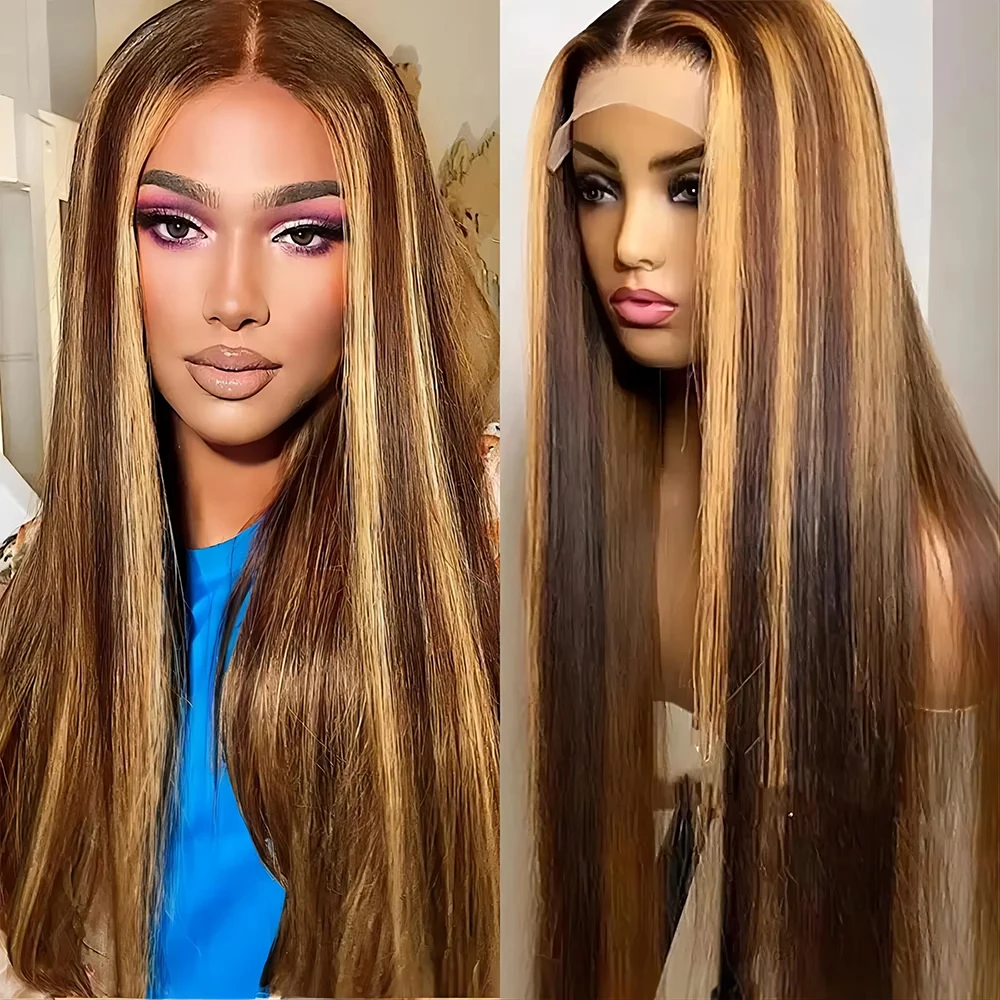 Highlight 4/27 Straight Honey Blonde Wig 100% Human Hair 200 Density 13x6 HD Transparent Lace Frontal Wig Pre Plucked For Women