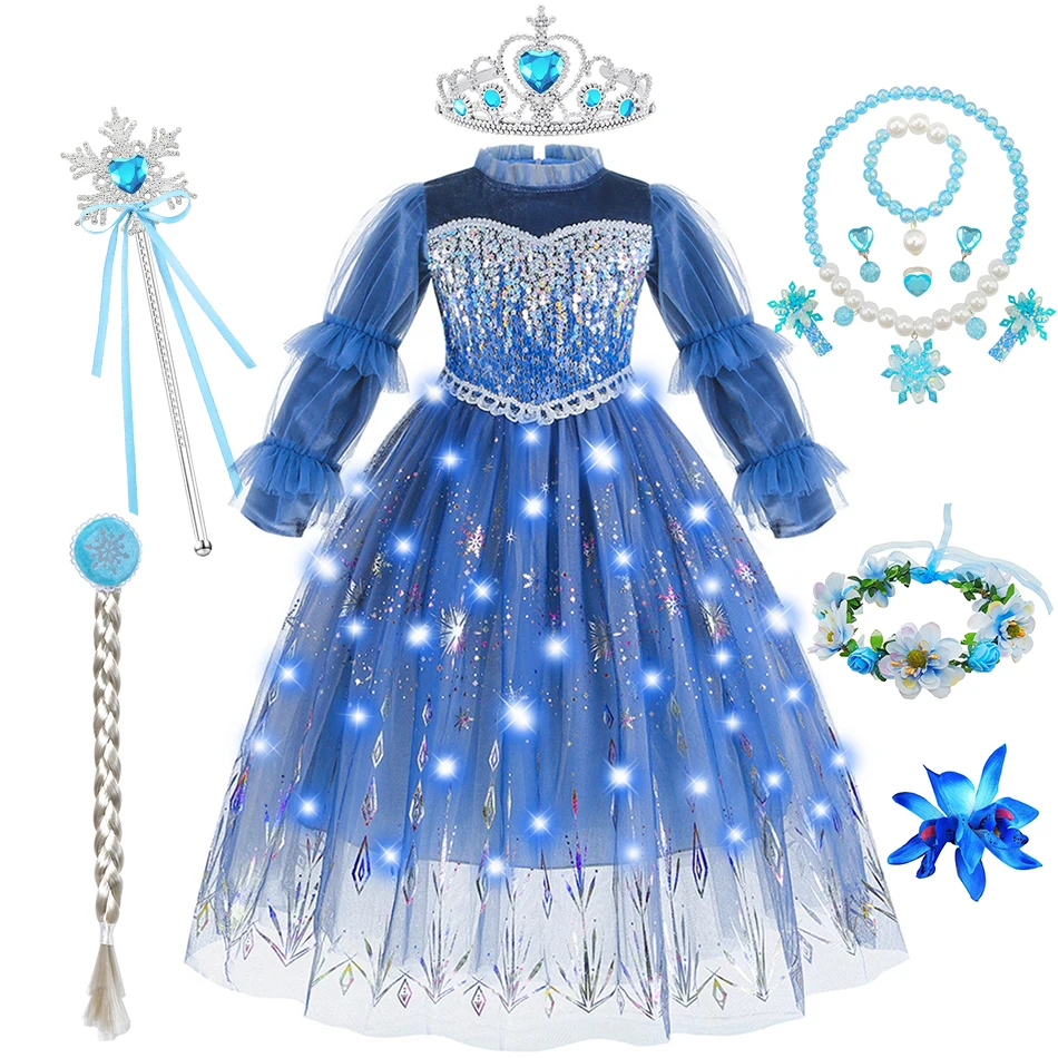 Girls Elsa Cosplay Princess Dress Kids Snow Queen Autumn Winter Long Sleeves Costume Halloween Birthday Carnival Party Clothes