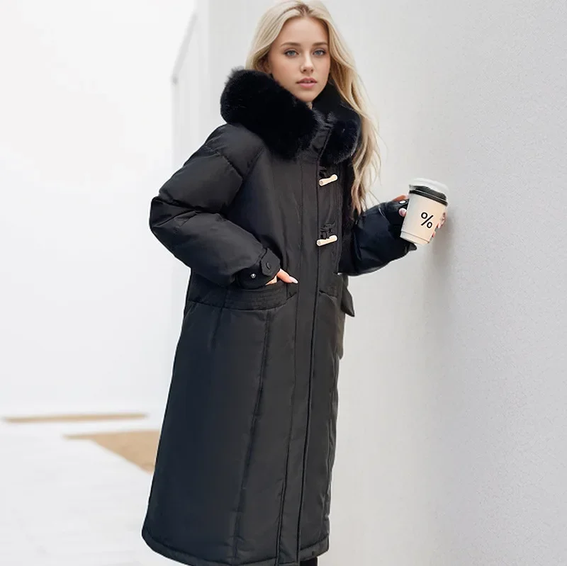 2025 المرأة الجديدة الشتاء سترة قطن طويلة الإناث الفراء طوق رشاقته الدافئة سترات معطف المرأة لون نقي معاطف السترة غير رسمية