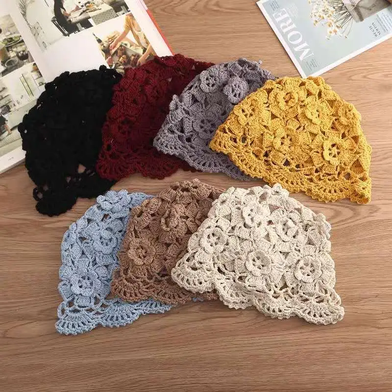 1Pcs Handmade Crochet Flower Hollow Out Cotton Thin Hat Women Spring Summer Lace Breathable Decorative Headcloth Hat