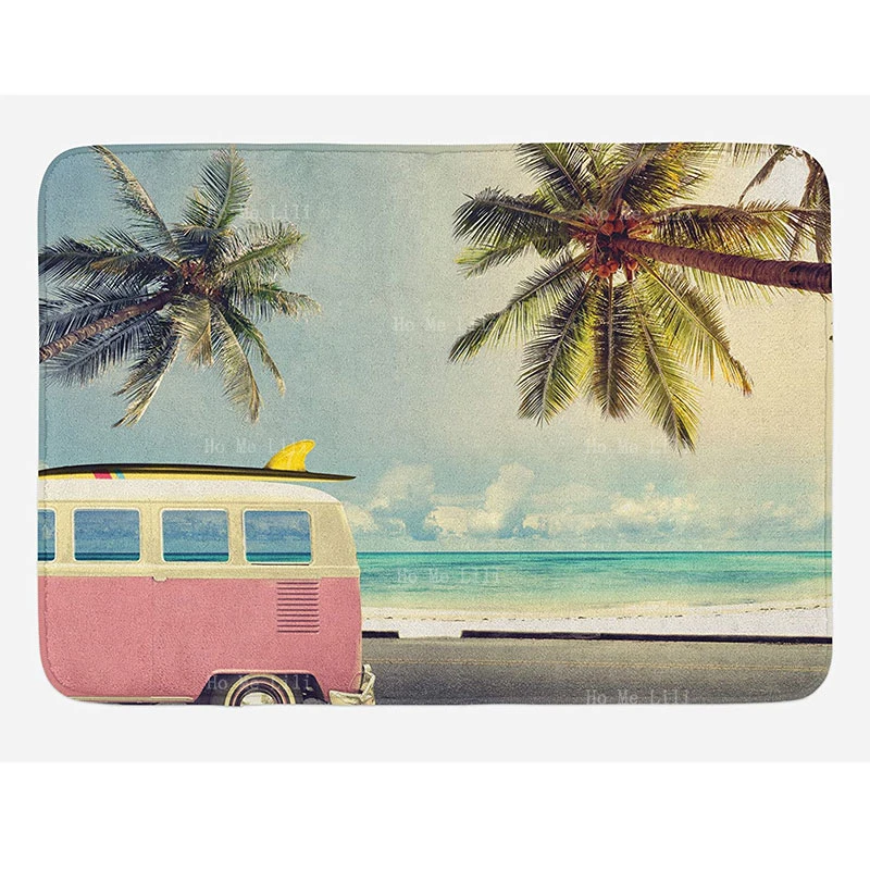 Surf Flannel Floor Rugs Minivan The Beach Retro Inspired Vacation Clouds Summer Sky Plush Bathroom Decor With Non Slip Backing