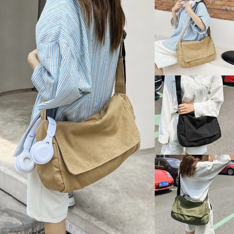 Female Canvas Fabric Soft Slouchy Shoulder Bag Y2K Student Leisure Medium Size School Book Laptop Pouch Messenger Side Bag