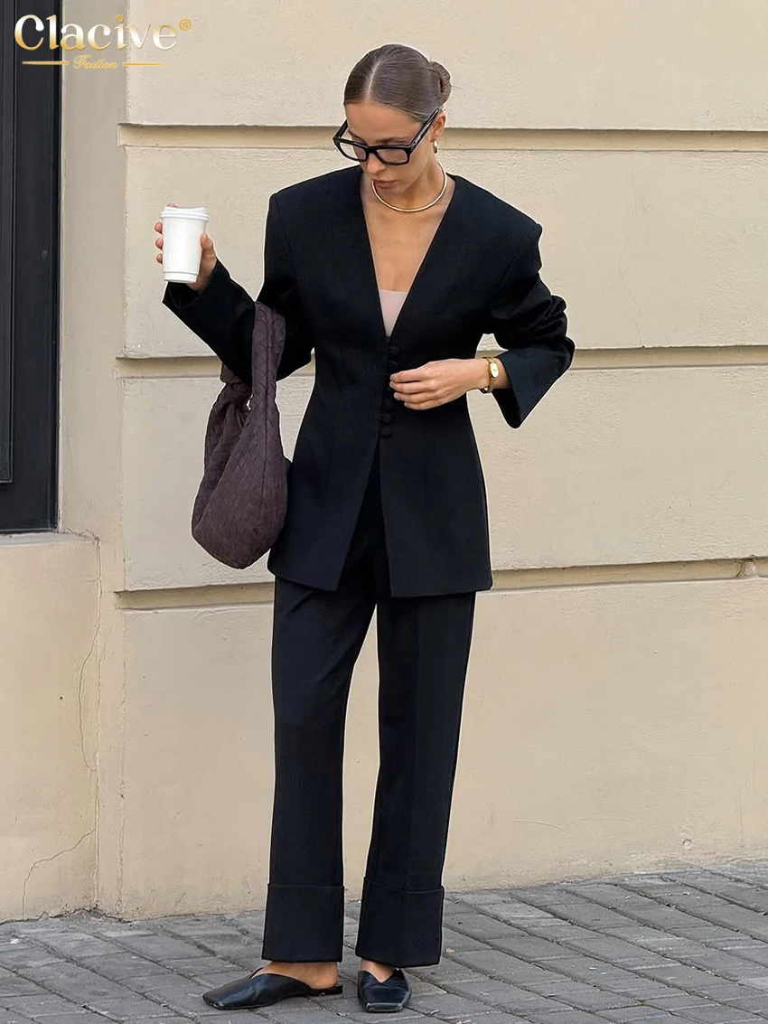 

Clacive Fashion Loose Black Pants Set 2 Piece Woman 2026 Elegant Long Sleeve Shirt With High Waist Trousers Suits Female Clothes