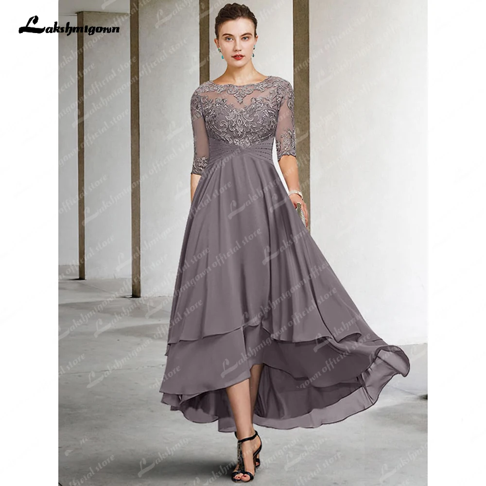 

Elegant Mother of the Bride Dress Jewel Neck Asymmetrical Ankle Length Chiffon Lace Half Sleeve with Illusion Ruffles Appliques