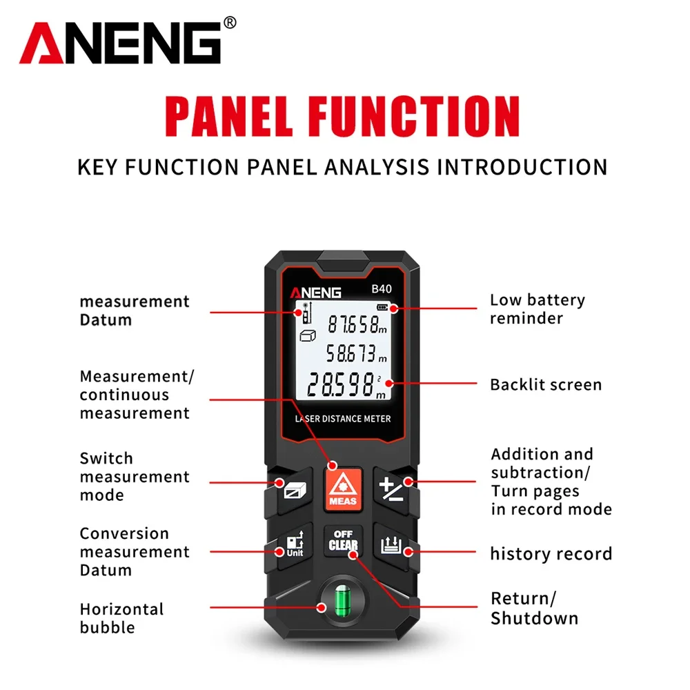 ANENG B40/60/80/100 Laser Rangefinder High Precision 40/60/80/100M Laser Distance Meter Area Volume Range Finder No Battery Tool