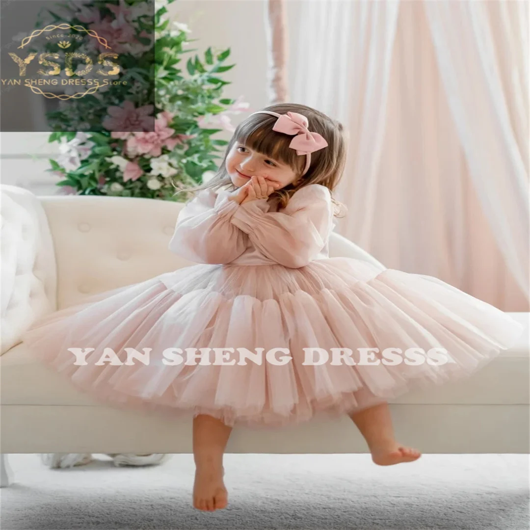 Light Pink Flower Girl Dresses Tulle Satin Puffy (Tiered Long Sleeve For Wedding Birthday Party First Communion Gowns