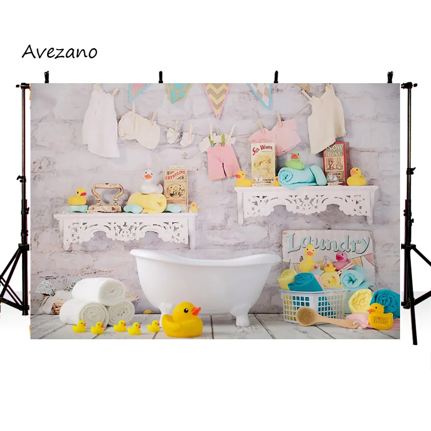 Avezano Baby Shower Backdrop Interior White Wall Bathtub Ducks Newborn Milk Bath Photography Background For Photo Props