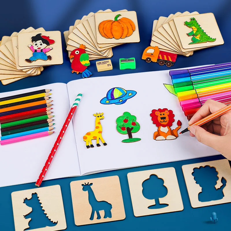 20/32Pcs Kids Montessori Drawing Toys Wooden DIY Painting Template Stencils Educational Toys for Children Funny Learning Gifts