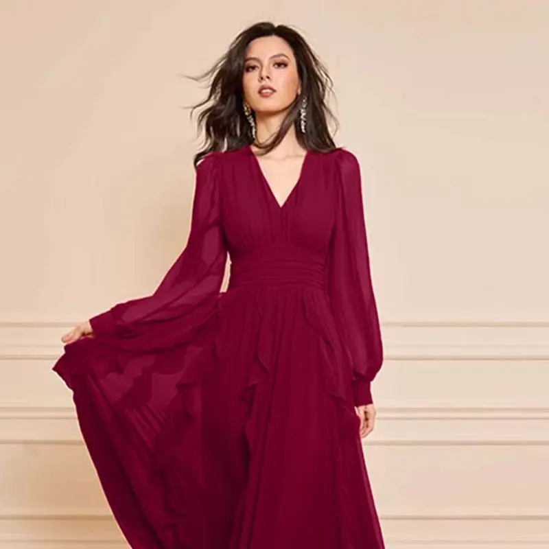 Ele Classic Red Belted Dr مع تصميم كشكش تنورة طويلة ملابس نسائية قابلة للتنفس من ألياف البوليستر #2