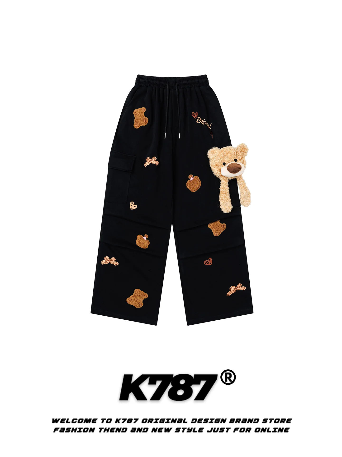 

K787 American Retro Cute Bear Embroidery Multi-ket Casual Pants Loose Wide Leg Long Trousers for Men And Women