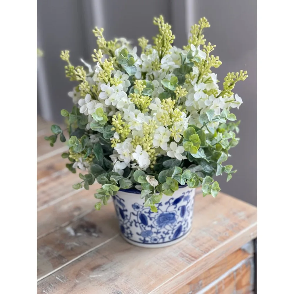 Gedroogde Bloemen, Boerderij, Cottage-Stijl Het Hele Jaar Door Tafelblad Witte Lila En Zachtgroene Eucalyptus, Gedroogde Bloemen