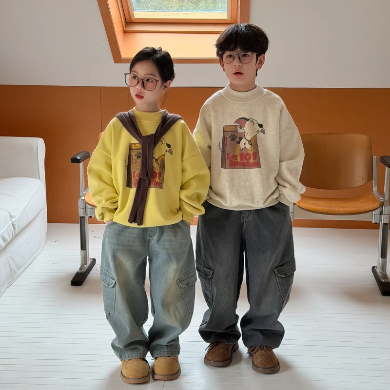 2025 Winter Children's Hot Selling New Collection with Velvet and Thick Pocket Denim Work Pants