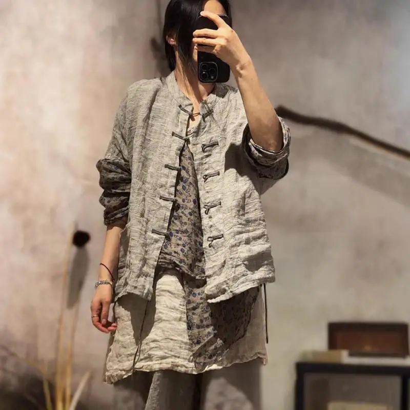 New Summer Arts Style Women Batwing Sleeve Vintage Single Breasted Casual Shirts Double Pockets Solid Linen Blouse Femme SN163