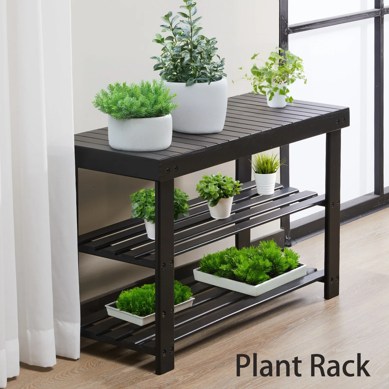 JHK Living Room 3-Tier Bamboo Shoe Rack Bench Holds Up to 286 lb Storage Organizer Easy Assemble Suitable for Bedroom Balcony ﻿