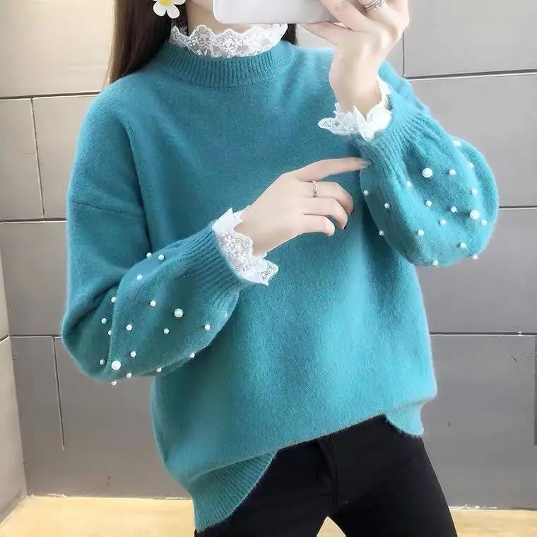 primer shirt Women\'s plus-size Maternity blouse Korean sweaters A pearl sweater Lace sweater winter clothes womensweater