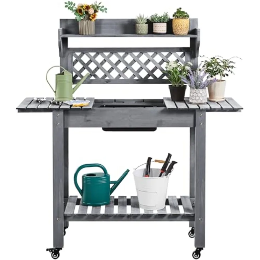 Outdoor Potting Bench with Sink, Garden Table, Lower Shelf, Gray